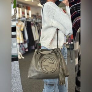 Pre Owned Gucci Leather Gunmetal Soho Chain Totes Hand Bag